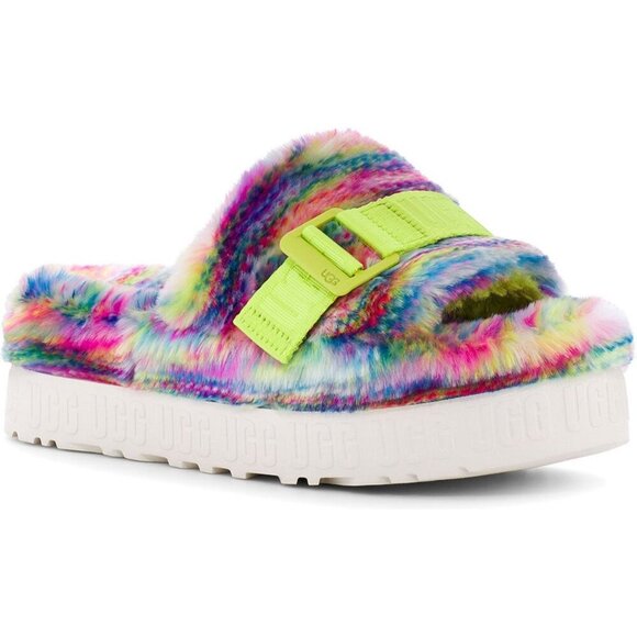 UGG Women's Fluffita Pixelate Slippers Size: 8 Tie-Dye Neon Platform Slide Fuzzy - Picture 1 of 6